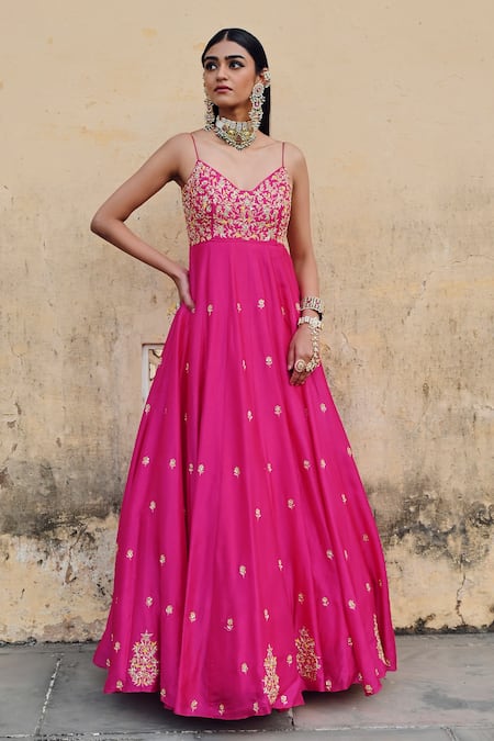 Buy_EASE_Pink Silk, Viscose Sequins, Embroidery V-neck Floral Anarkali Set _Online_at_Aza_Fashions