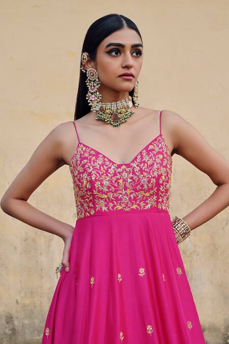 Shop_EASE_Pink Silk, Viscose Sequins, Embroidery V-neck Floral Anarkali Set _Online_at_Aza_Fashions
