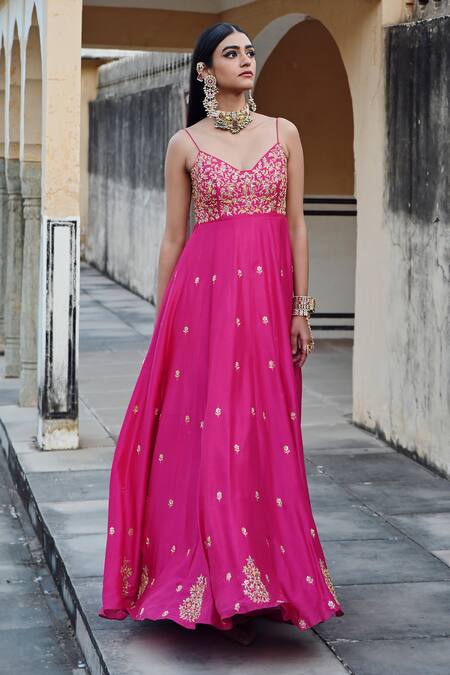 EASE_Pink Silk, Viscose Sequins, Embroidery V-neck Floral Anarkali Set _at_Aza_Fashions