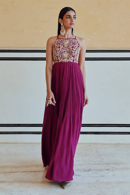 EASE_Magenta Crepe, Viscose Sequins, Embroidery Anarkali Set With Dupatta _Online_at_Aza_Fashions