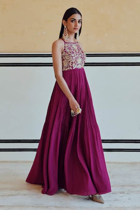 Buy_EASE_Magenta Crepe, Viscose Sequins, Embroidery Anarkali Set With Dupatta _Online_at_Aza_Fashions