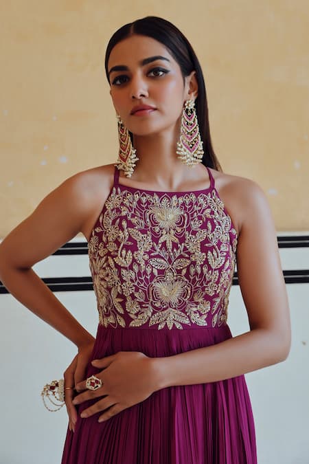 Shop_EASE_Magenta Crepe, Viscose Sequins, Embroidery Anarkali Set With Dupatta _Online_at_Aza_Fashions