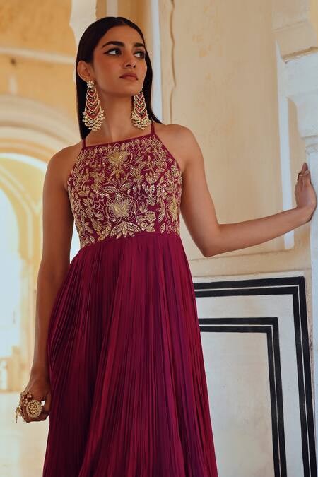 EASE_Magenta Crepe, Viscose Sequins, Embroidery Anarkali Set With Dupatta _at_Aza_Fashions