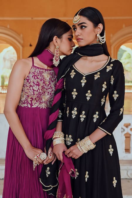 Buy_EASE_Magenta Crepe, Viscose Sequins, Embroidery Anarkali Set With Dupatta 