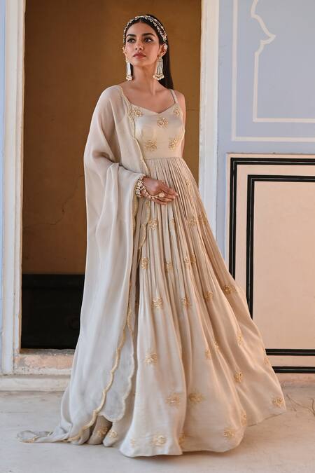 Buy_EASE_Gray Viscose Embroidery V-neck Floral Butti Anarkali Set _Online_at_Aza_Fashions