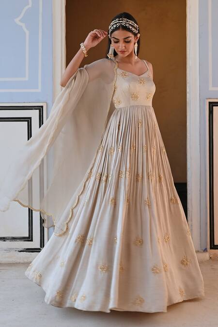 Shop_EASE_Gray Viscose Embroidery V-neck Floral Butti Anarkali Set _Online_at_Aza_Fashions