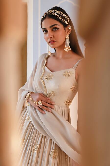 EASE_Gray Viscose Embroidery V-neck Floral Butti Anarkali Set _at_Aza_Fashions