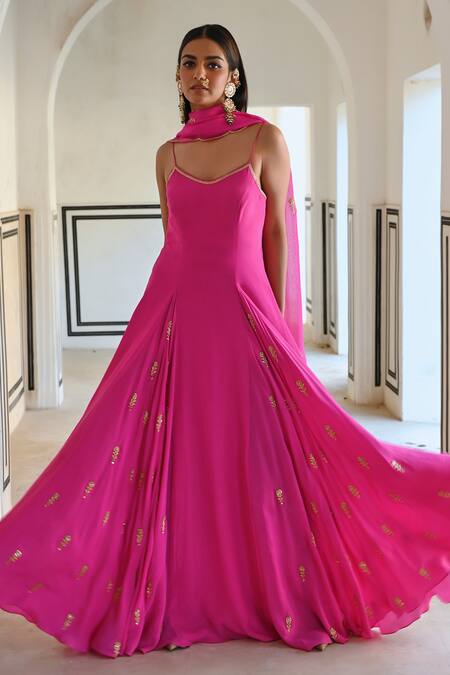 EASE_Pink Cotton, Viscose Embroidery V-neck Floral Butti Anarkali Set _at_Aza_Fashions