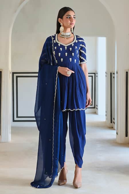 EASE_Blue Crepe, Viscose Embroidery, Sequins Collared Floral Butti Peplum Kurta Set _Online_at_Aza_Fashions