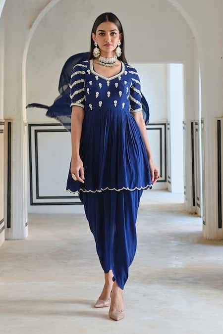 Buy_EASE_Blue Crepe, Viscose Embroidery, Sequins Collared Floral Butti Peplum Kurta Set _Online_at_Aza_Fashions