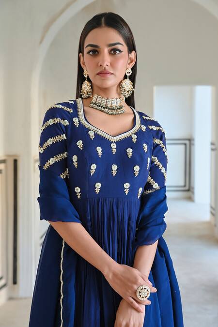 Shop_EASE_Blue Crepe, Viscose Embroidery, Sequins Collared Floral Butti Peplum Kurta Set _Online_at_Aza_Fashions