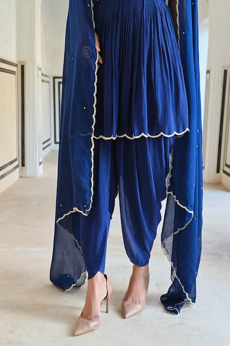 EASE_Blue Crepe, Viscose Embroidery, Sequins Collared Floral Butti Peplum Kurta Set _at_Aza_Fashions