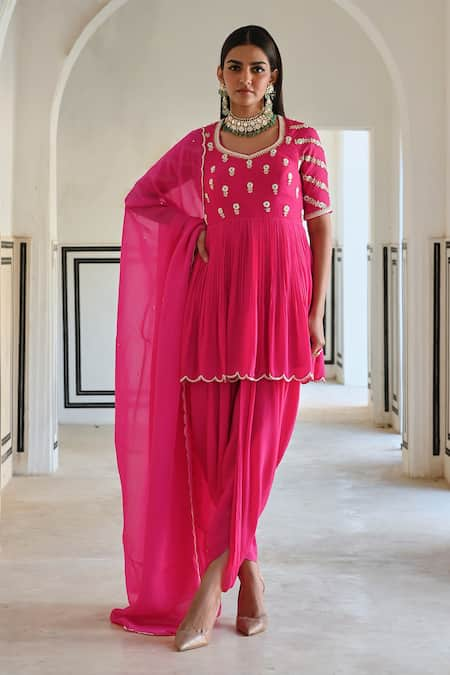 Ease Floral Embroidered Peplum Kurta Dhoti Pant Set 