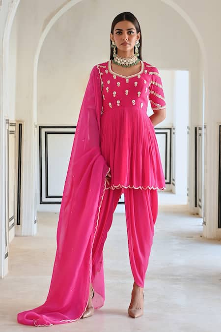 EASE_Pink Crepe, Viscose Embroidery Asymmetric Floral Peplum Kurta Set _Online_at_Aza_Fashions