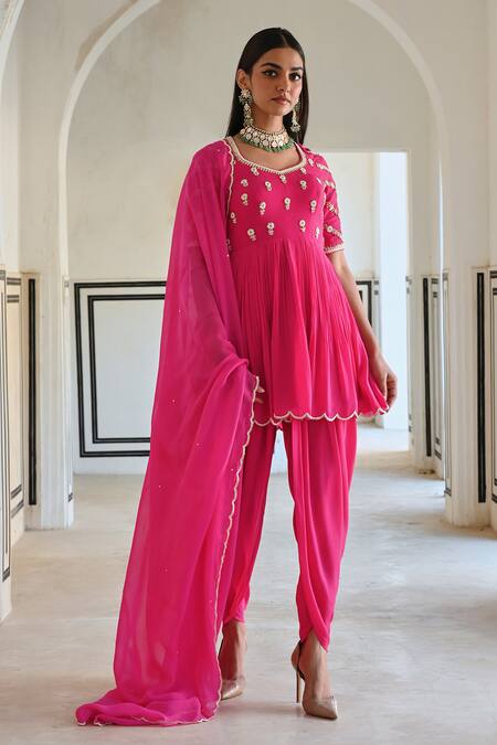 Buy_EASE_Pink Crepe, Viscose Embroidery Asymmetric Floral Peplum Kurta Set _Online_at_Aza_Fashions