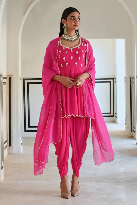 Shop_EASE_Pink Crepe, Viscose Embroidery Asymmetric Floral Peplum Kurta Set _Online_at_Aza_Fashions