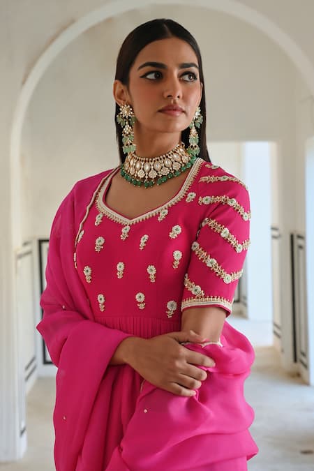 EASE_Pink Crepe, Viscose Embroidery Asymmetric Floral Peplum Kurta Set _at_Aza_Fashions