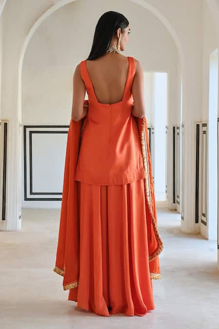 EASE Embroidered Butti Orange Kurta Sharara Set 