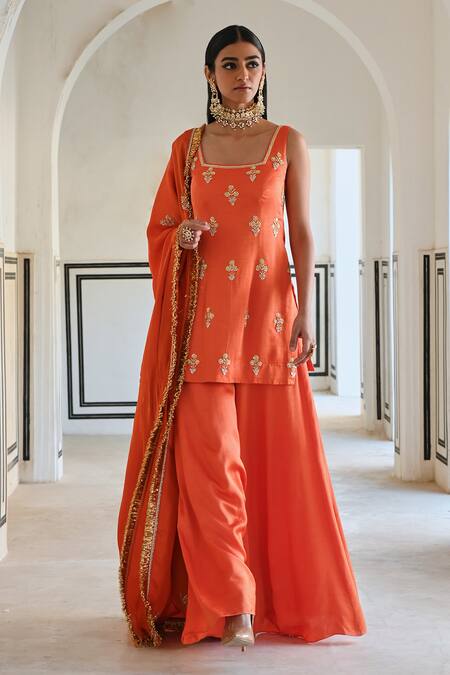 EASE_Orange Satin, Silk, Viscose Sequins, Embroidery Square Butti Kurta Sharara Set _Online_at_Aza_Fashions