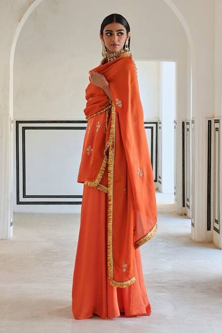 Buy_EASE_Orange Satin, Silk, Viscose Sequins, Embroidery Square Butti Kurta Sharara Set _Online_at_Aza_Fashions