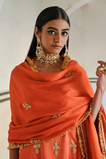 Shop_EASE_Orange Satin, Silk, Viscose Sequins, Embroidery Square Butti Kurta Sharara Set _Online_at_Aza_Fashions