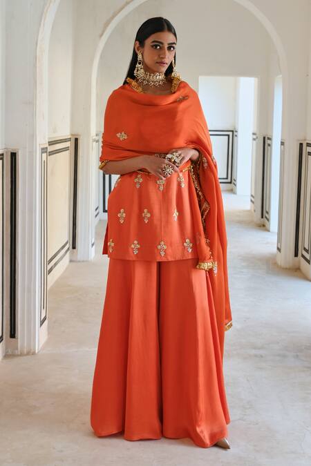 EASE_Orange Satin, Silk, Viscose Sequins, Embroidery Square Butti Kurta Sharara Set _at_Aza_Fashions