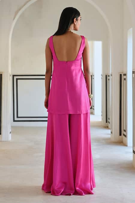 EASE Floral Embroidered Pink Kurta Sharara Set 