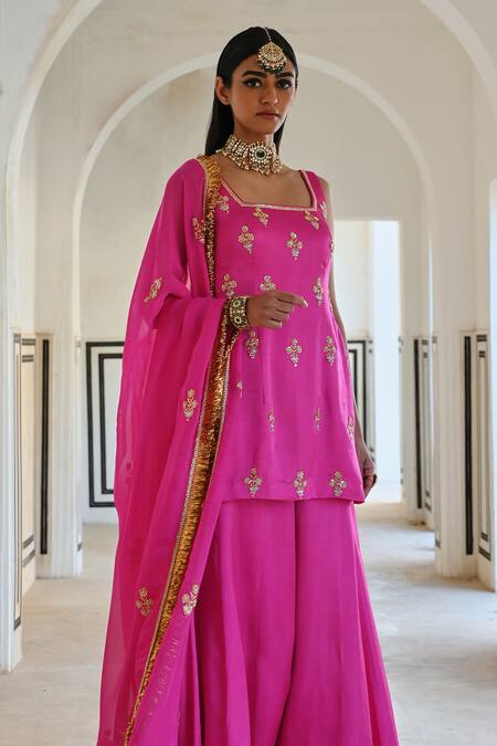 EASE Pink Satin, Viscose, Silk, Organza Sequins, Floral Kurta Sharara Set Online at Aza Fashions EASE_Pink Satin, Viscose, Silk, Organza Sequins, Floral Kurta Sharara Set _Online_at_Aza_Fashions