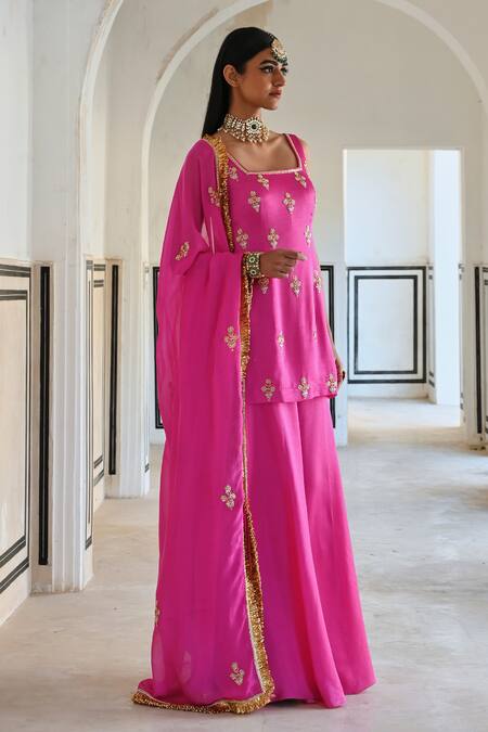 Buy EASE Pink Satin, Viscose, Silk, Organza Sequins, Floral Kurta Sharara Set Online at Aza Fashions Buy_EASE_Pink Satin, Viscose, Silk, Organza Sequins, Floral Kurta Sharara Set _Online_at_Aza_Fashions