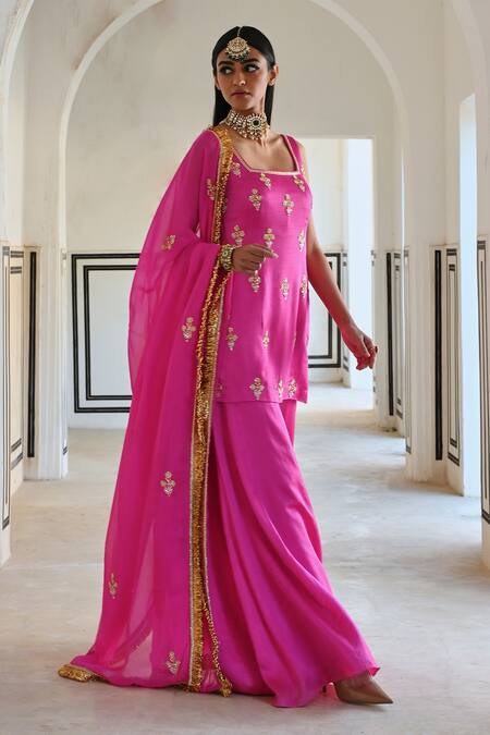 Shop EASE Pink Satin, Viscose, Silk, Organza Sequins, Floral Kurta Sharara Set Online at Aza Fashions Shop_EASE_Pink Satin, Viscose, Silk, Organza Sequins, Floral Kurta Sharara Set _Online_at_Aza_Fashions