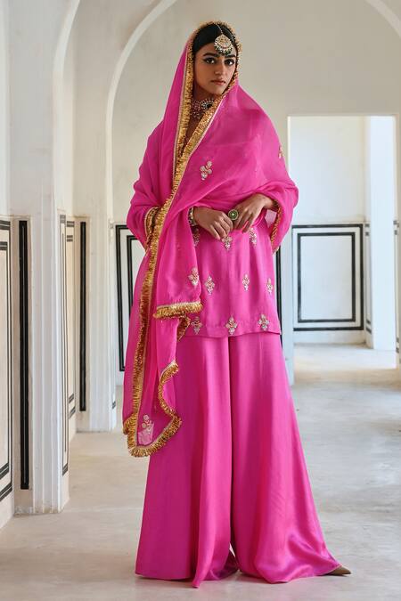 EASE Pink Satin, Viscose, Silk, Organza Sequins, Floral Kurta Sharara Set at Aza Fashions EASE_Pink Satin, Viscose, Silk, Organza Sequins, Floral Kurta Sharara Set _at_Aza_Fashions