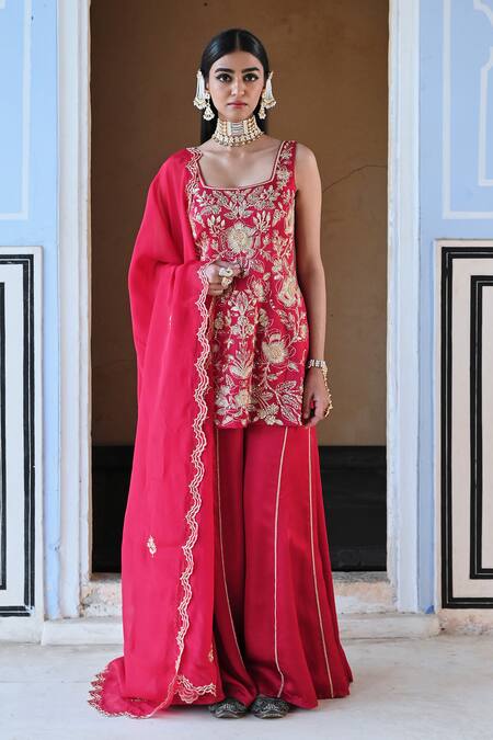 EASE_Red Satin, Viscose Embroidery Square Neck Floral Jaal Kurta Sharara Set _Online_at_Aza_Fashions