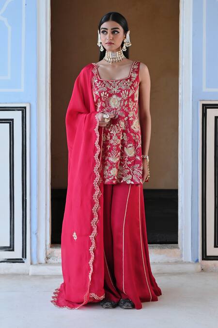 Buy_EASE_Red Satin, Viscose Embroidery Square Neck Floral Jaal Kurta Sharara Set _Online_at_Aza_Fashions