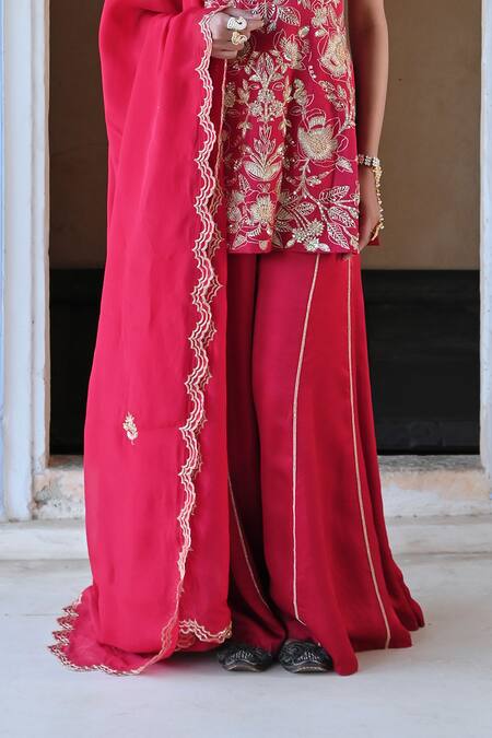 Shop_EASE_Red Satin, Viscose Embroidery Square Neck Floral Jaal Kurta Sharara Set _Online_at_Aza_Fashions