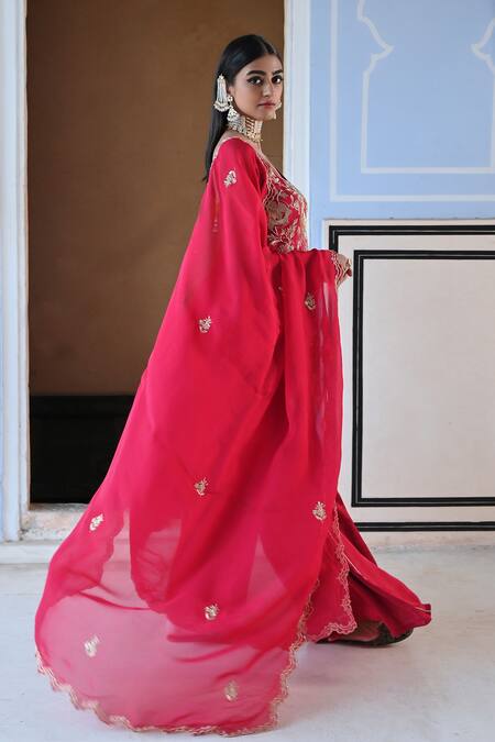 EASE_Red Satin, Viscose Embroidery Square Neck Floral Jaal Kurta Sharara Set _at_Aza_Fashions