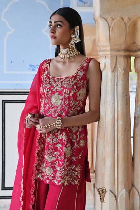 Buy_EASE_Red Satin, Viscose Embroidery Square Neck Floral Jaal Kurta Sharara Set 