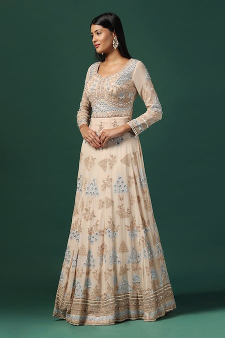 Two Sisters By Gyans Beige Georgette, Net Sequins, Stones, Embroidery Anarkali Set With Dupatta Online at Aza Fashions Two Sisters By Gyans_Beige Georgette, Net Sequins, Stones, Embroidery Anarkali Set With Dupatta _Online_at_Aza_Fashions