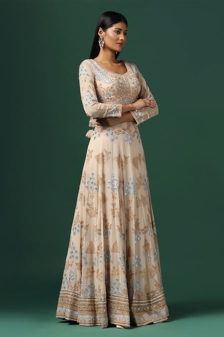 Buy Two Sisters By Gyans Beige Georgette, Net Sequins, Stones, Embroidery Anarkali Set With Dupatta Online at Aza Fashions Buy_Two Sisters By Gyans_Beige Georgette, Net Sequins, Stones, Embroidery Anarkali Set With Dupatta _Online_at_Aza_Fashions
