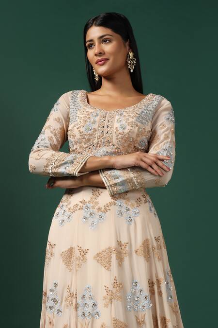 Shop Two Sisters By Gyans Beige Georgette, Net Sequins, Stones, Embroidery Anarkali Set With Dupatta Online at Aza Fashions Shop_Two Sisters By Gyans_Beige Georgette, Net Sequins, Stones, Embroidery Anarkali Set With Dupatta _Online_at_Aza_Fashions