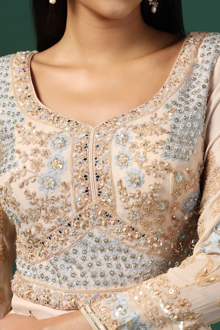 Two Sisters By Gyans Beige Georgette, Net Sequins, Stones, Embroidery Anarkali Set With Dupatta at Aza Fashions Two Sisters By Gyans_Beige Georgette, Net Sequins, Stones, Embroidery Anarkali Set With Dupatta _at_Aza_Fashions