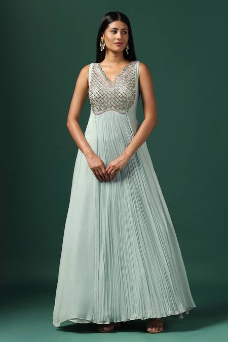 Two Sisters By Gyans_Green Georgette, Net Sequins, Smocking V-neck Embroidered Cape And Anarkali Set _Online_at_Aza_Fashions