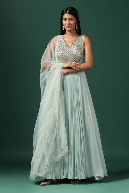 Buy_Two Sisters By Gyans_Green Georgette, Net Sequins, Smocking V-neck Embroidered Cape And Anarkali Set _Online_at_Aza_Fashions