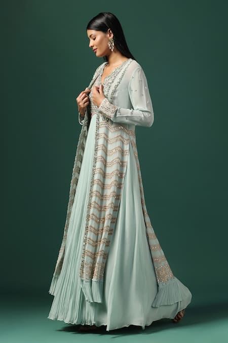 Shop_Two Sisters By Gyans_Green Georgette, Net Sequins, Smocking V-neck Embroidered Cape And Anarkali Set _Online_at_Aza_Fashions