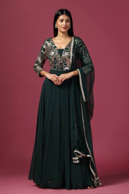 Two Sisters By Gyans_Green Georgette Sequins V-neck Bottle Anarkali Set With Dupatta _Online_at_Aza_Fashions