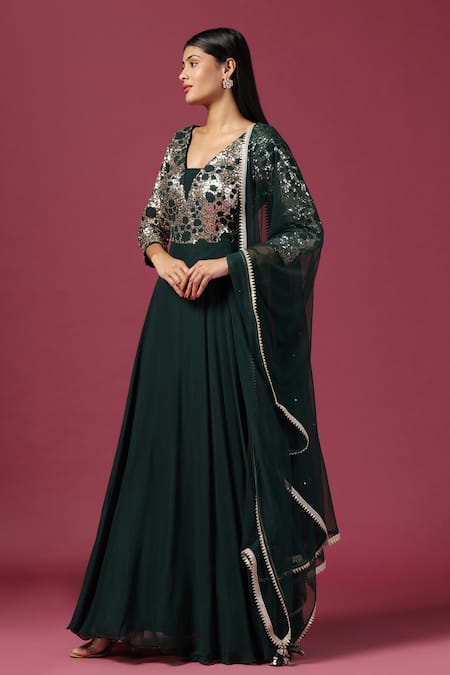 Buy_Two Sisters By Gyans_Green Georgette Sequins V-neck Bottle Anarkali Set With Dupatta _Online_at_Aza_Fashions