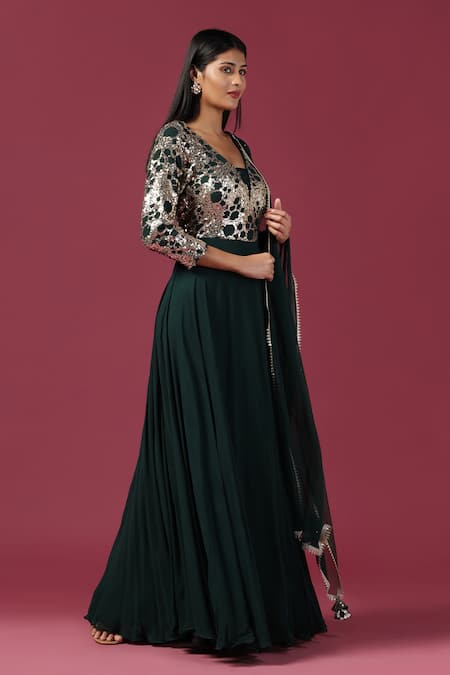 Shop Two Sisters By Gyans Green Georgette Sequins V-neck Bottle Anarkali Set With Dupatta Online at Aza Fashions Shop_Two Sisters By Gyans_Green Georgette Sequins V-neck Bottle Anarkali Set With Dupatta _Online_at_Aza_Fashions