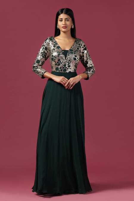 Two Sisters By Gyans Green Georgette Sequins V-neck Bottle Anarkali Set With Dupatta at Aza Fashions Two Sisters By Gyans_Green Georgette Sequins V-neck Bottle Anarkali Set With Dupatta _at_Aza_Fashions