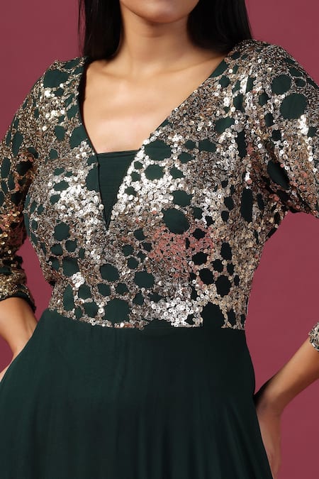 Buy Two Sisters By Gyans Green Georgette Sequins V-neck Bottle Anarkali Set With Dupatta Buy_Two Sisters By Gyans_Green Georgette Sequins V-neck Bottle Anarkali Set With Dupatta