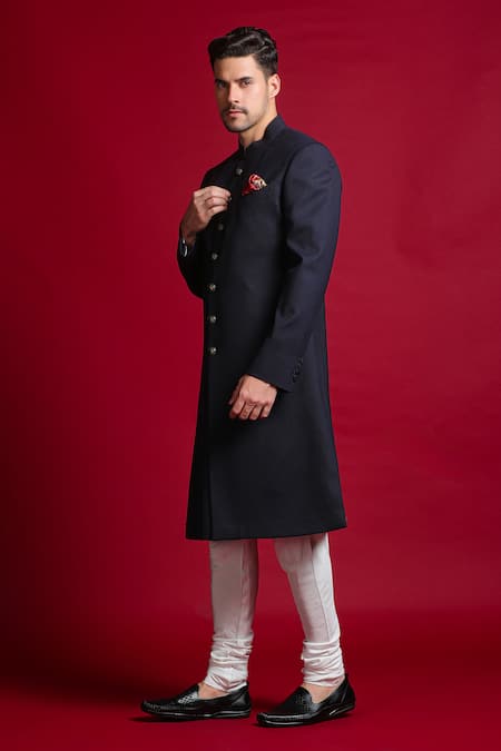 Char Chaand_Blue Silk Solid Sherwani With Rustic Buttons _Online_at_Aza_Fashions