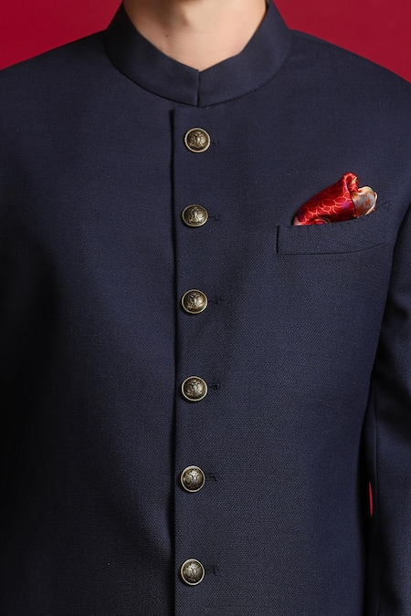 Buy_Char Chaand_Blue Silk Solid Sherwani With Rustic Buttons _Online_at_Aza_Fashions